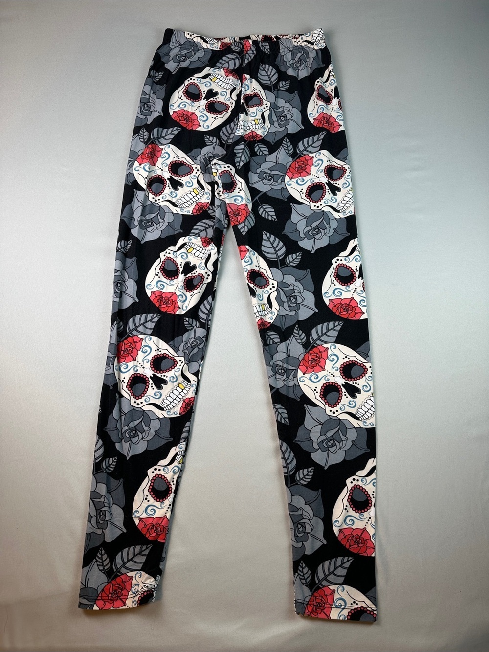 Women's Gray Floral Print Leggings Day of the Dead Skeleton High Rise One Size